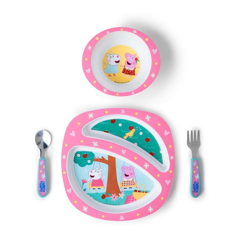 the FIRST years Peppa Pig Toddler Dinnerware Set - Includes Plate, Divided Bowl, and Utensils - Dishwasher Safe Feeding Supplies Made without BPA - 4 Count - Image 1